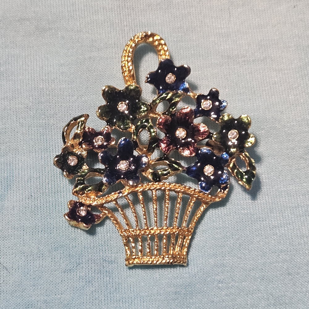 Vintage Gold Tone Basket With Blue, Red, & Green Enamel Flowers Classic Brooch